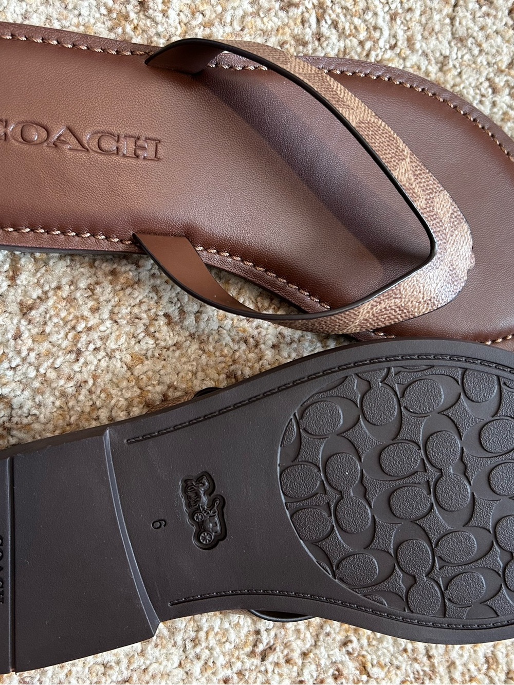 Coach Brown Leather Logo-Trim Flip Flop Sandals - Picture 3 of 8